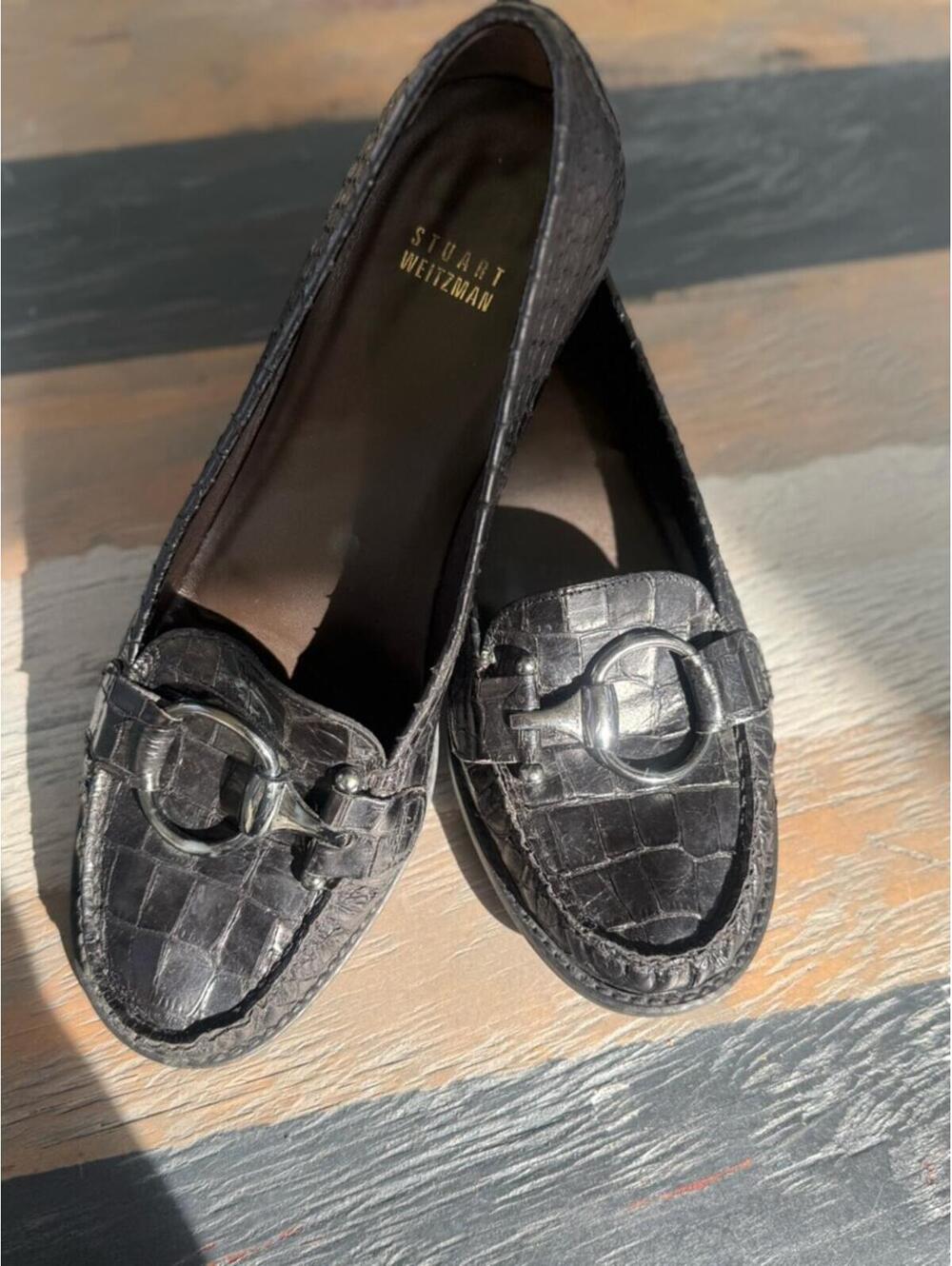 Stuart Weitzman Croc Embossed Horsebit Loafers Black | Size 10